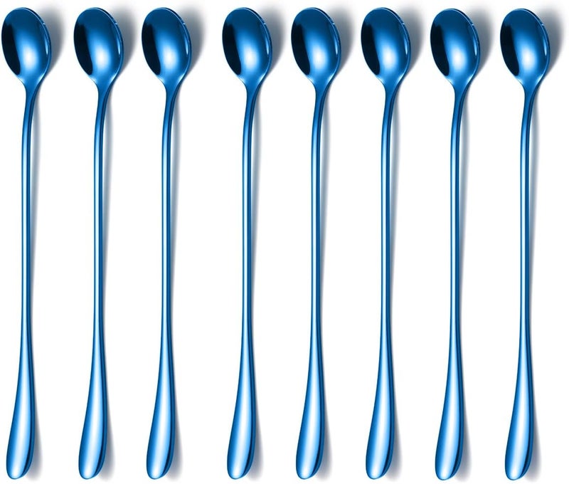 KITWARE 8 Pcs Long Handle Coffee Spoons Stainless Steel Long Teaspoons 7.7 Inch Iced Tea Spoon Cocktail Stirring Spoons Ice Cream Spoon for Coffee Bar Accessories, Set of 8 Blue - Image 1